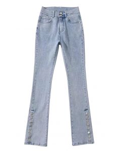 Jeans elástico com botão de cintura alta em azul claro
