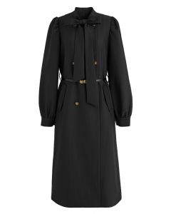 Requintado casaco de trespassado com cinto Bowknot em preto
