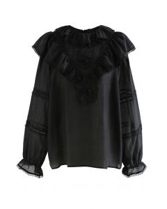 Camisa bordada floral com gola de boneca em camadas em preto