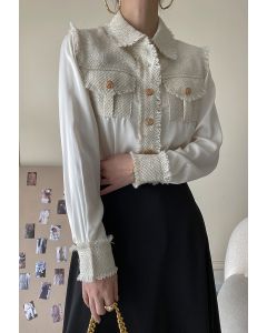 Camisa de botões de tweed emendada em branco
