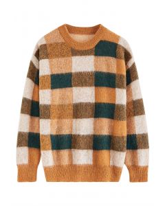Suéter de malha felpuda com padrão xadrez colorido