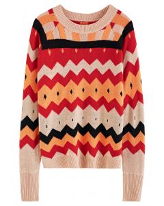 Suéter de tricô em ziguezague multicolorido em vermelho