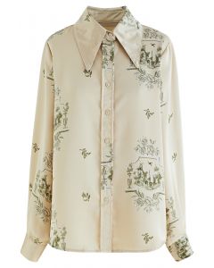 Camisa floral de cetim com estampa de castelo em pistache