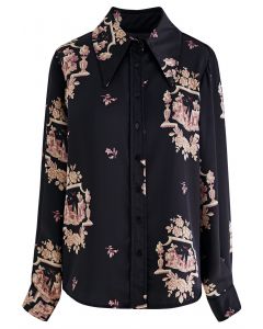 Camisa floral de cetim com estampa de castelo e botões em preto