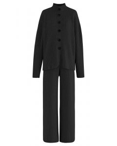 Conjunto de suéter abotoado com gola falsa e calça de tricô de perna reta em preto