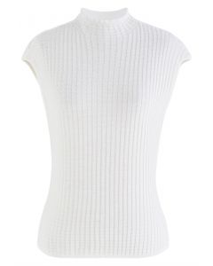 Top de malha sem mangas texturizado de pescoço simulado em branco