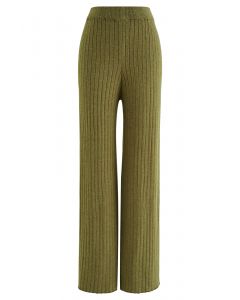 Calça tricotada com perna reta canelada em verde musgo