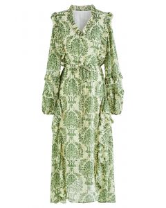 Elegante vestido floral de chiffon com babados e amarração na cintura em verde