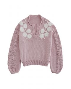 Suéter de malha com decote em V e ponto floral Blooming Passion em rosa