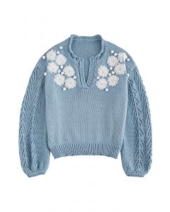 Suéter de malha com decote em V floral Blooming Passion em azul