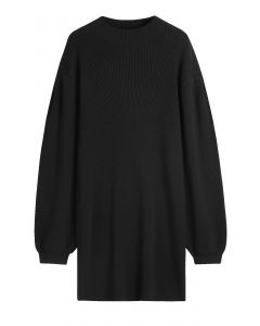 Suéter com gola redonda manga lanterna em preto
