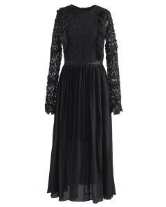 Vestido midi plissado de chiffon de crochê floral em preto
