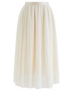 Plisse Double-Layered Mesh Tulle Skirt in Cream