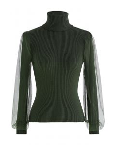 Turtleneck Mesh Overlay Sleeve Knit Top in Army Green