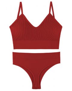 Plain Ribbed Lingerie Bra Top and Thong Set in Red
