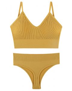 Plain Ribbed Lingerie Bra Top and Thong Set in Mustard