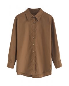Pointed Collar Button Down Cotton Shirt in Brown