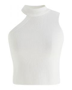 Asymmetric Halter Neck Knit Crop Top in White