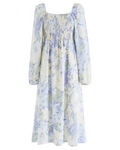 Shirred Square Neck Floral Chiffon Midi Dress in Blue