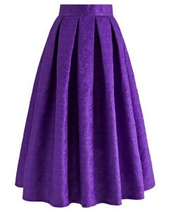 Noble Embossed Floral Jacquard Midi Skirt in Purple