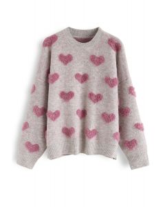 Suéter de malha de corações felpudos de cor contrastante