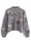 Suéter de malha bordado com estampa floral digital em cinza