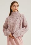 Suéter de tricô trançado gola alta em rosa