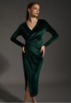 Glittery Velvet Wrap Midi Dress in Emerald