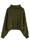 Suéter de tricô trançado gola alta em verde exército