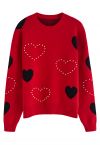 Passionate Heart Pearl Trim Knit Sweater in Red