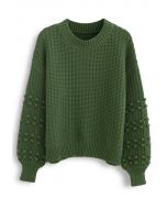 Suéter manga bolha com detalhe de pom-pom em verde