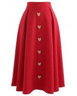 Saia Midi com botão em forma de coração embelezada em vermelho