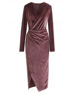 Glittery Velvet Wrap Midi Dress in Brown