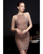 Sequins Halter Neck with Beads Cocktail Dress in Champagne