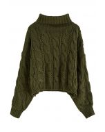Suéter de tricô trançado gola alta em verde exército