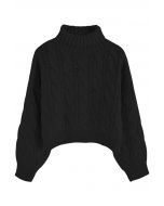 Suéter de tricô trançado gola alta em preto
