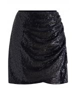 Sparkle Sequin Side Ruched Mini Bud Skirt in Black