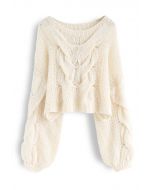 Suéter de mangas bufantes tricotado à mão em creme